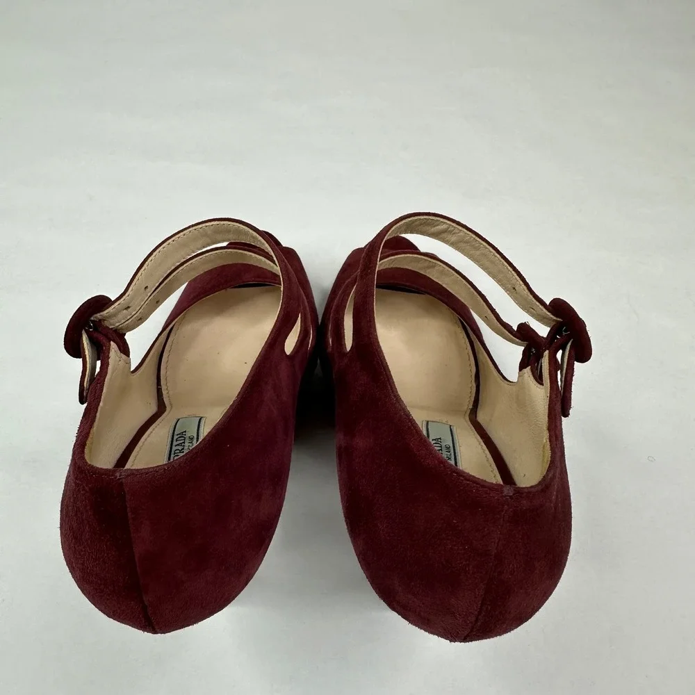 Prada Burgundy Suede Double Strap Mary Jane Peep Toe Platform Heels Size 37.5